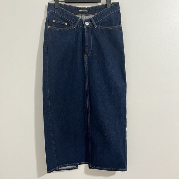 Zara Denim Midi Skirt Size XS Blue Indigo V Rise Dark Wash Y2K Boho Grunge Jean - Picture 1 of 5